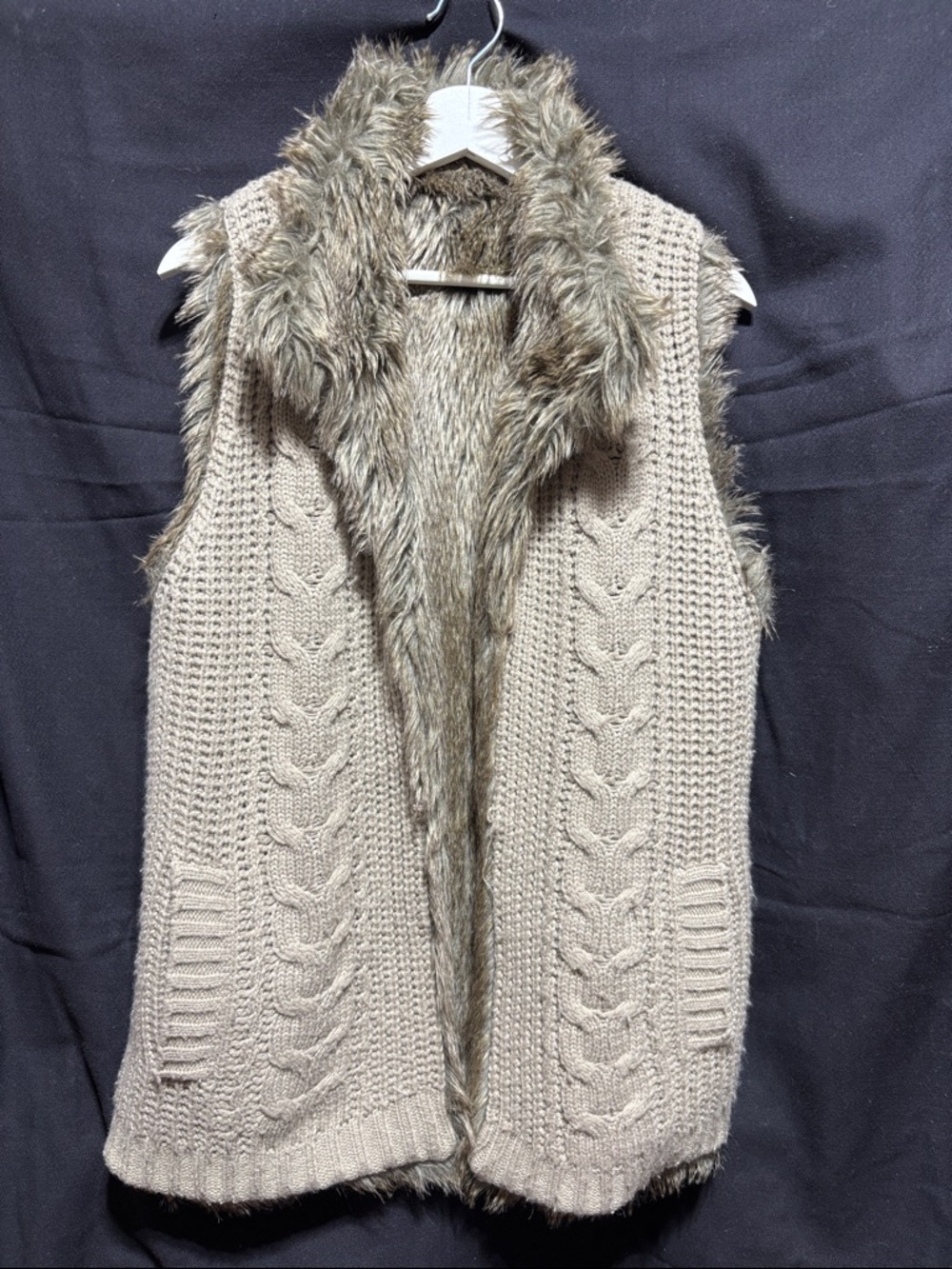 Cozy Cable Knit Faux Fur Reversible Vest - Beige